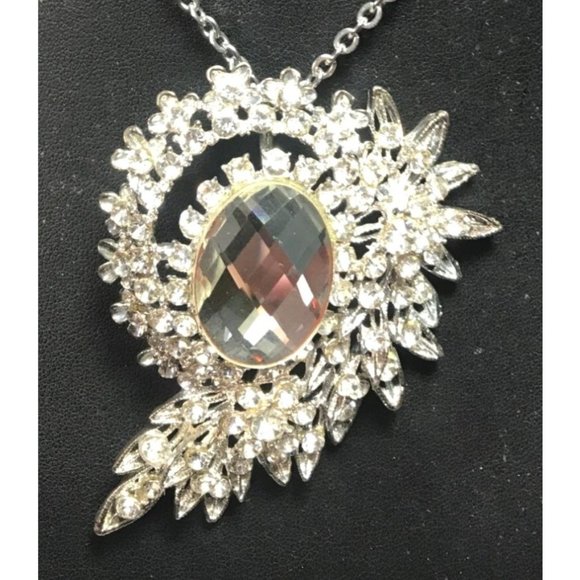 Vintage Large Clear Rhinestone Floral Layered Pendant Necklace Silver Tone 4” - Picture 3 of 6